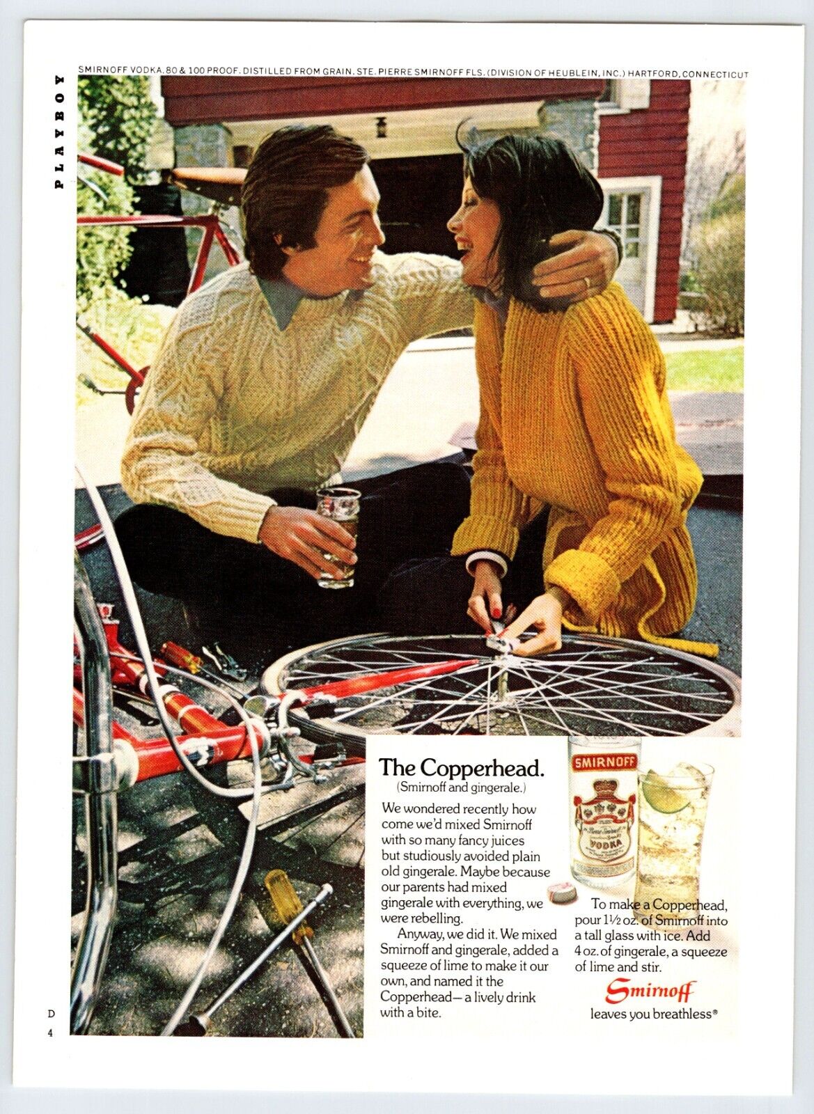 1974 Bicycle Couple Smirnoff Vodka Vintage 8" X 11" Magazine Ad 1970's M416