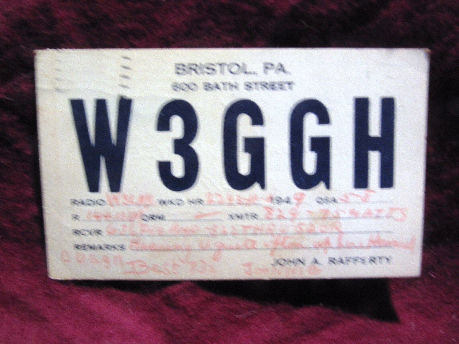 Qsl Radio Card     W3ggh   Bristol,   Pa.  1949