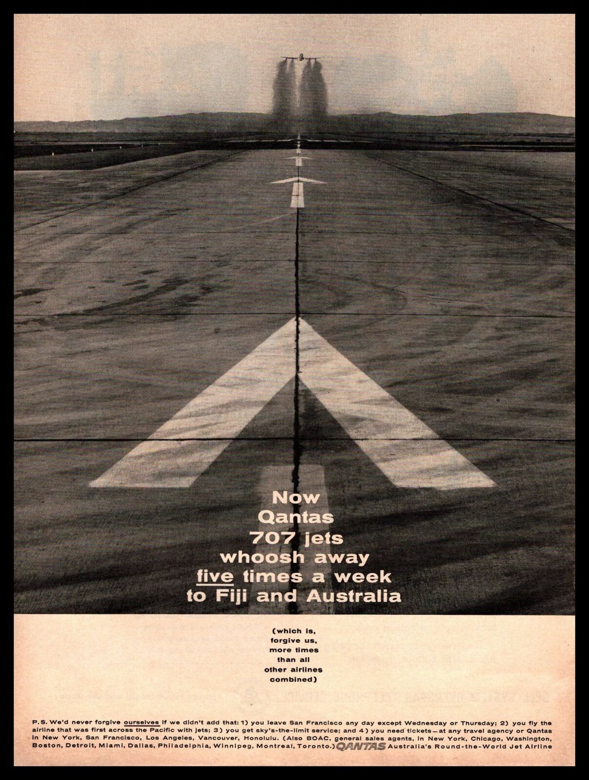 1960 Qantas Australian Airlines 707 Jets Taking Off From Airport Runway Print Ad