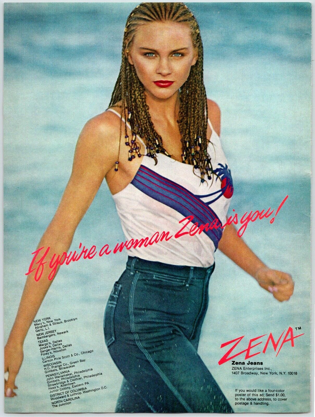 Beautiful Woman Cornrows Zena Jeans Vintage 1980's 8" X 11" Magazine Ad M5