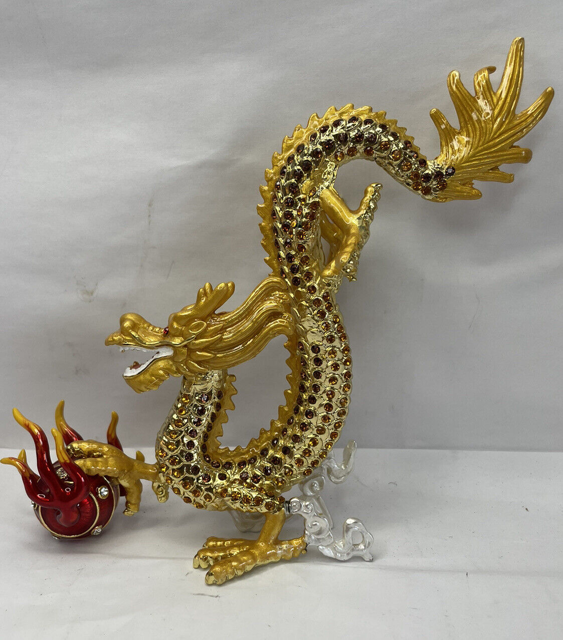 Chinese Golden Dragon Figurine With Ball Of Fire Metal Feng Shui Wealth Fortune