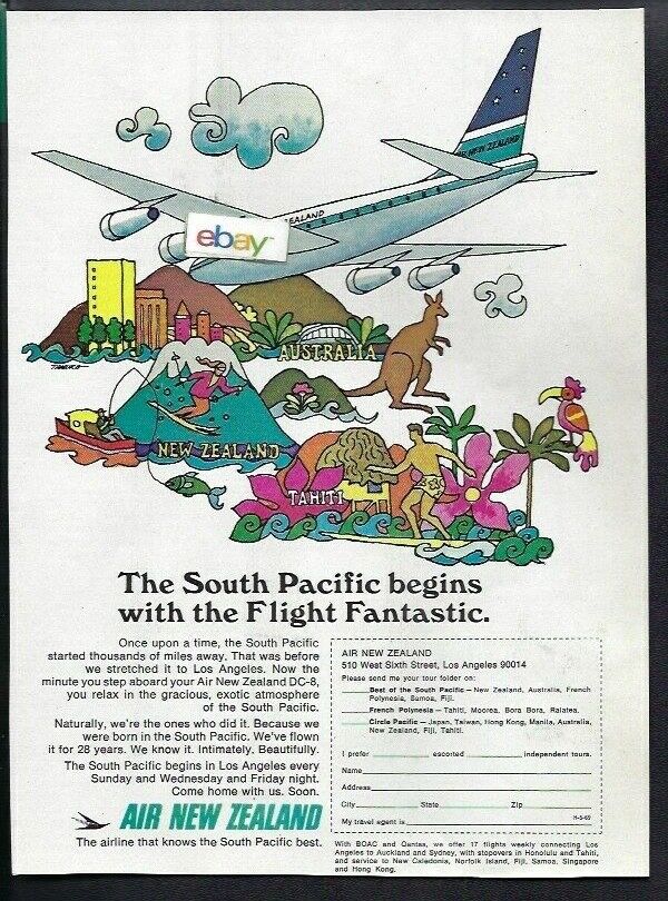 Air New Zealand 1968 Flight Fantastic South Pacific Begins Dc-8 Jets From Lax Ad