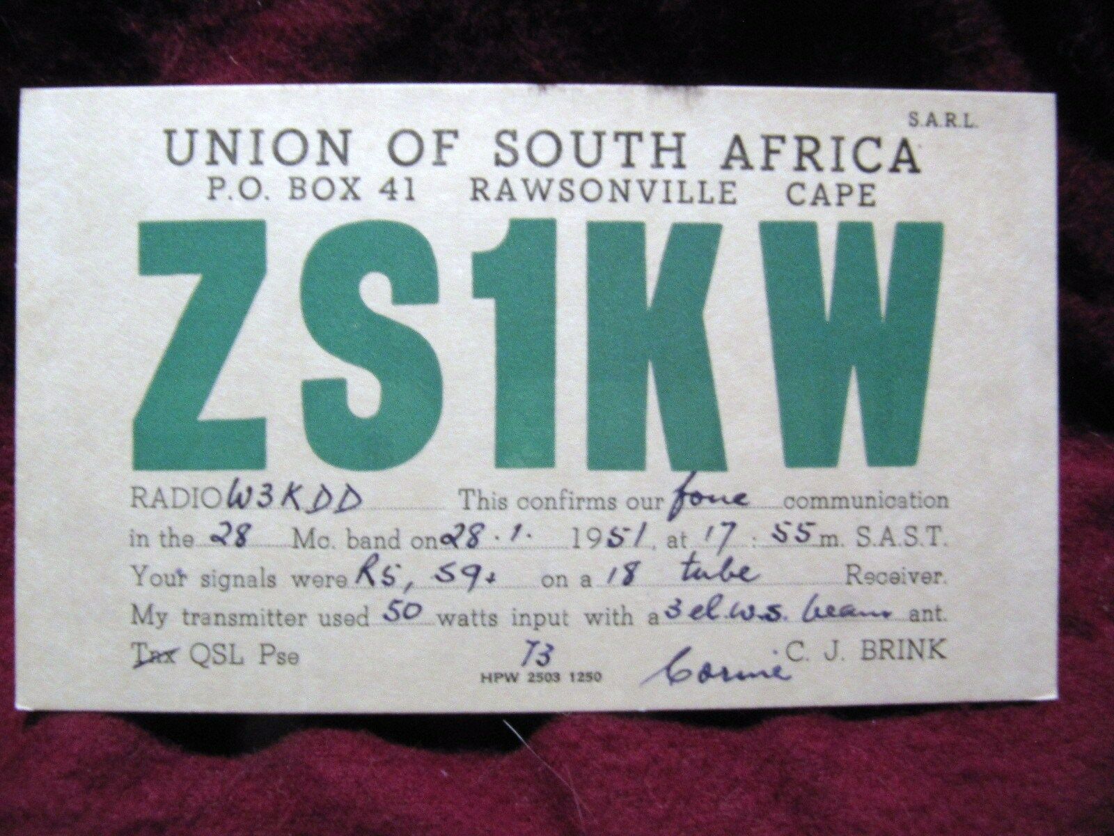 Qsl Radio Card  Zs1kw   Rawsonville Cape,  Union Of South  Africa  1951