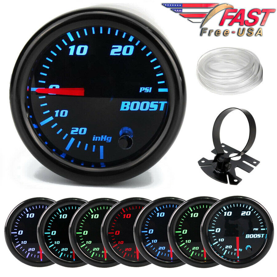 Boost Gauge 52mm Tinted 7 Color 0-30 Psi Pressure Turbo Meter 2" With Free Mount
