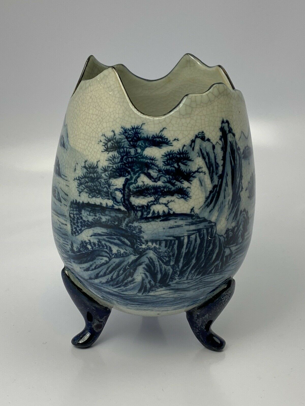 Vintage Satsuma Gosu Blue 6” Footed Egg Vase Crackle Glaze Landscape Japan