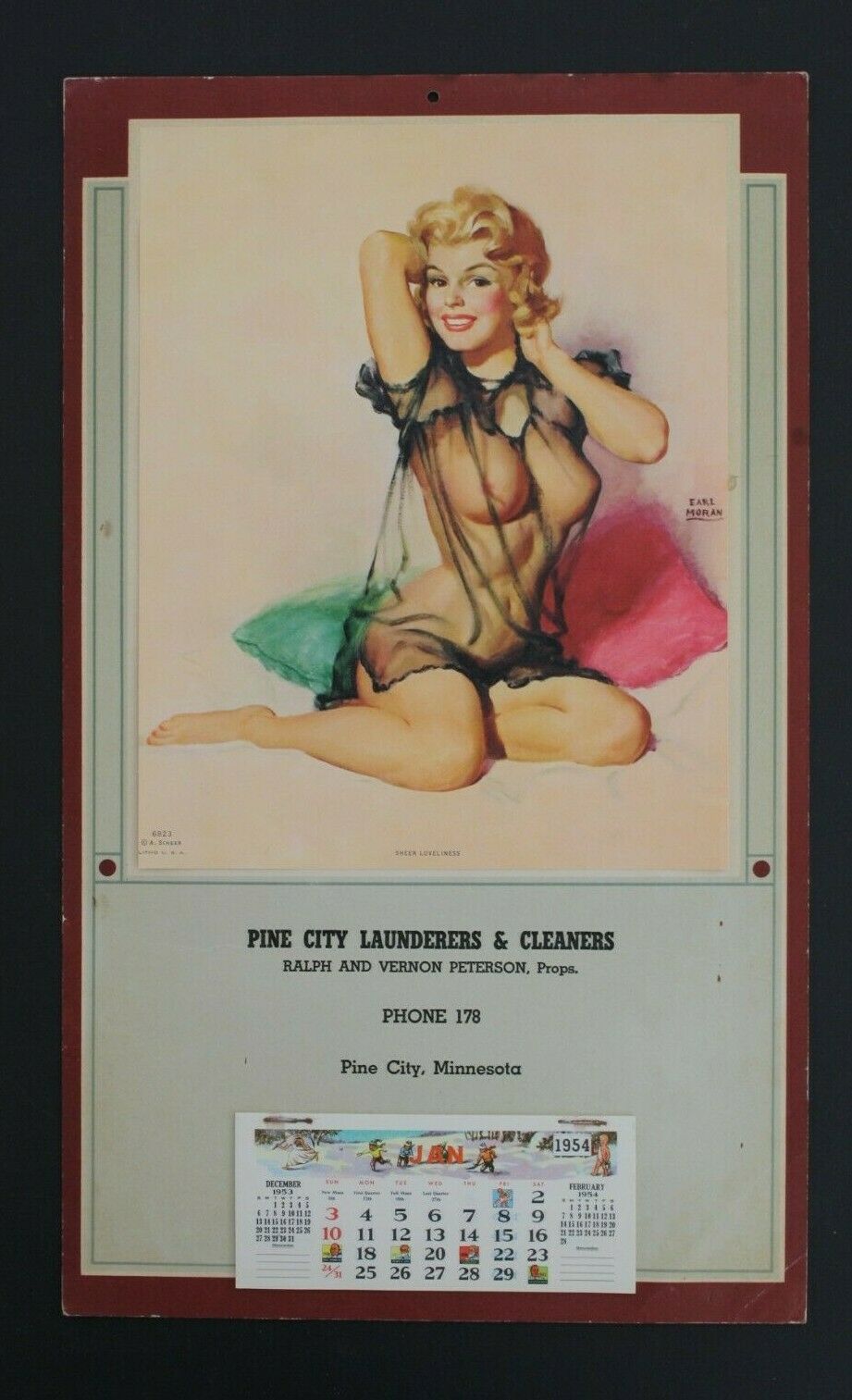 Original 1954 Earl Moran Pinup Advertising Calendar - Pine City, Minn. Cleaners