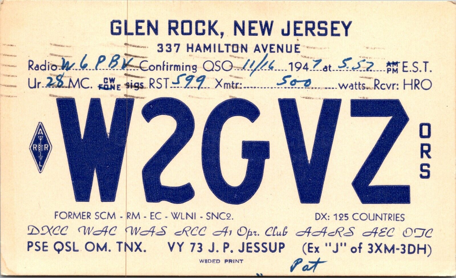 Vtg Ham Radio Cb Amateur Qsl Qso Card Postcard Glen Rock Nj W2gvz 1947