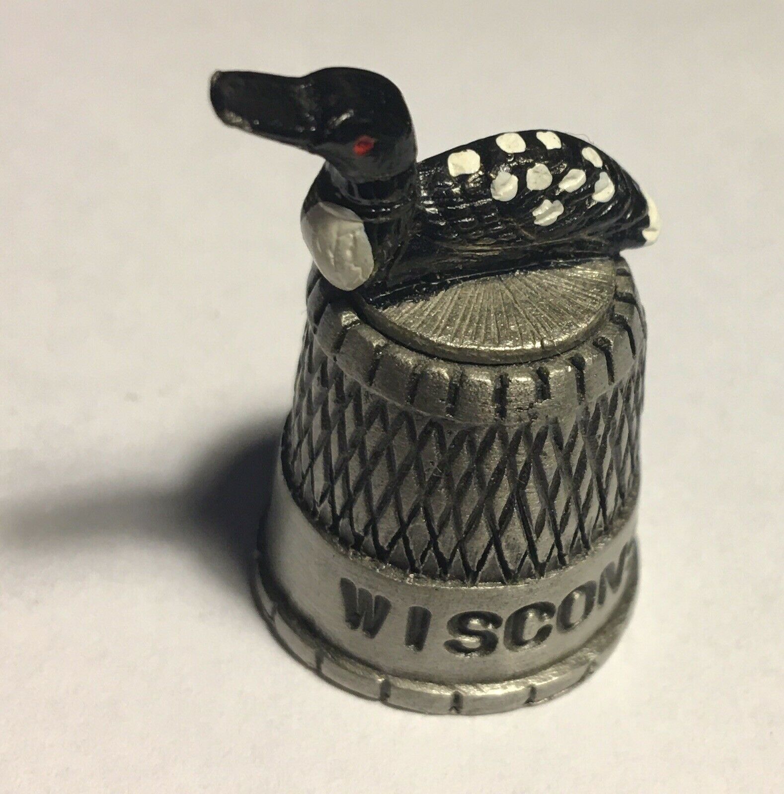 Vintage Thimble Wisconsin Souvenir State Pewter Hand Painted Bird Topper