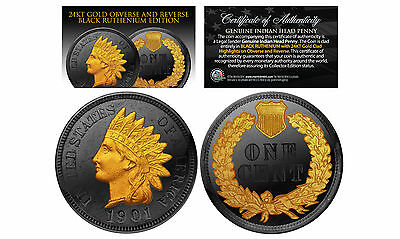 Genuine 1900's Indian Head Cent Penny Full Head Coin Black Ruthenium 24k Gold
