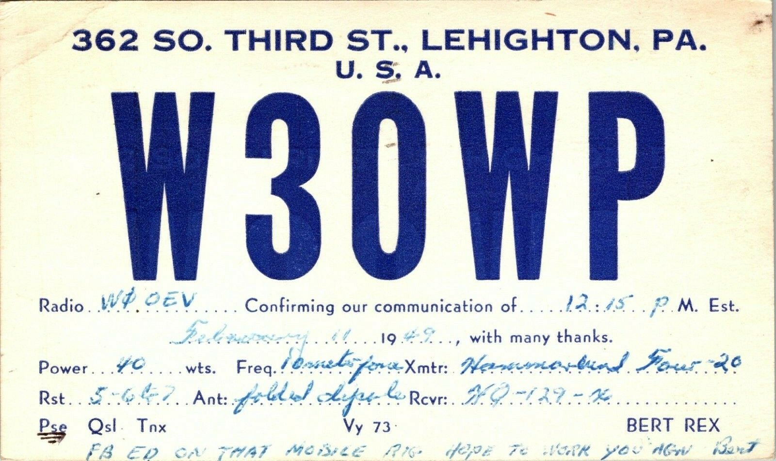 Vtg Ham Radio Cb Amateur Qsl Qso Card Postcard Pennsylvania W3owp Lehighton 1949