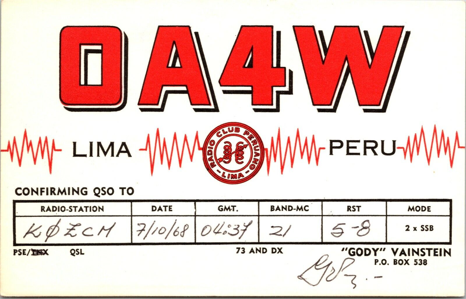 Vtg Ham Radio Cb Amateur Qsl Qso Card Postcard Peru Oa4w Lima 1968
