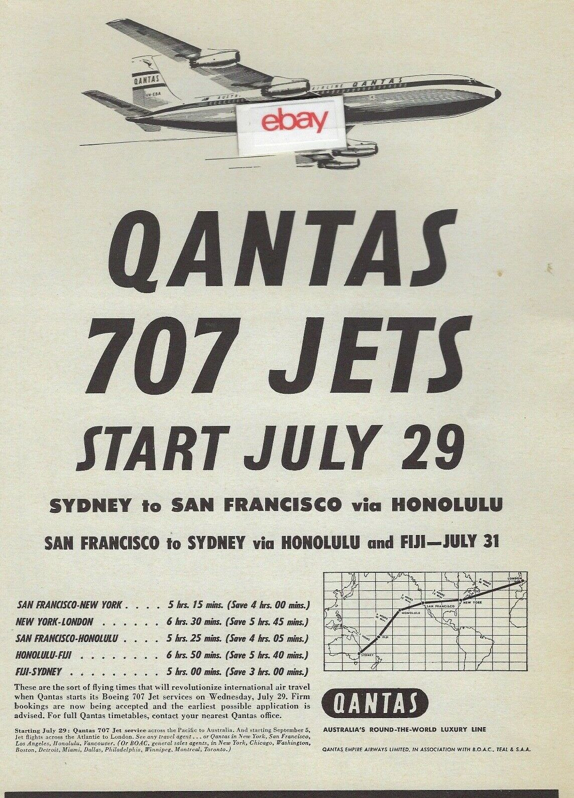 Qantas Airways Boeing 707 Jets Start July 29,1959 Sydney To San Francisco-hnl Ad