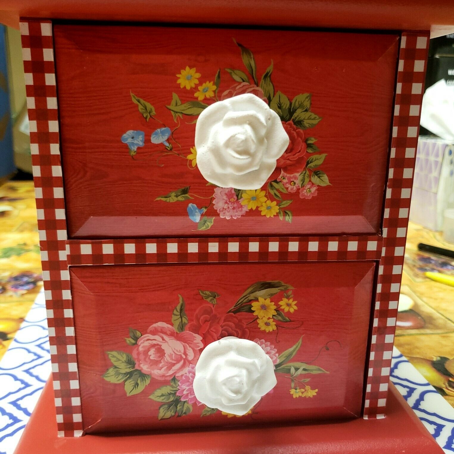 Pioneer Woman Spring 2021 New Red Gingham "sweet Rose" 2-drawer Trinket Chest