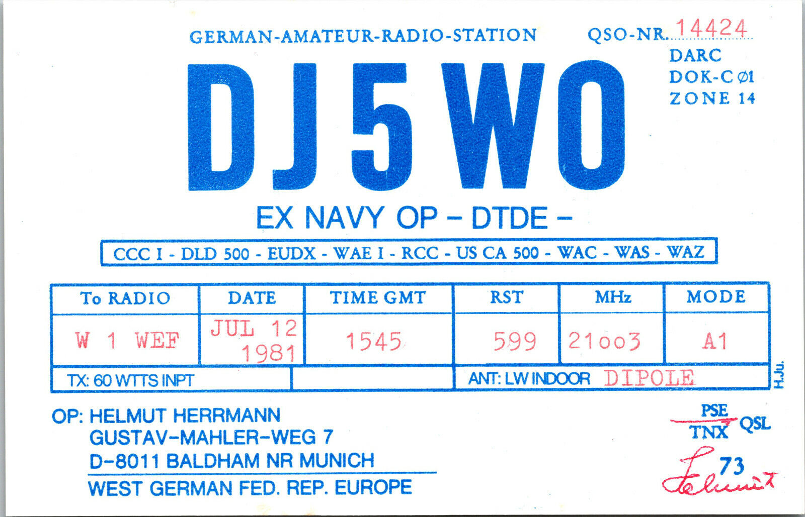 Vtg Ham Radio Cb Amateur Qsl Qso Card Postcard Germany Dj5wo Ex Navy Munich 1981