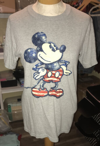 Mickey Mouse Patriotic Usa Flag Stars & Stripes Gray T-shirt Sz Small