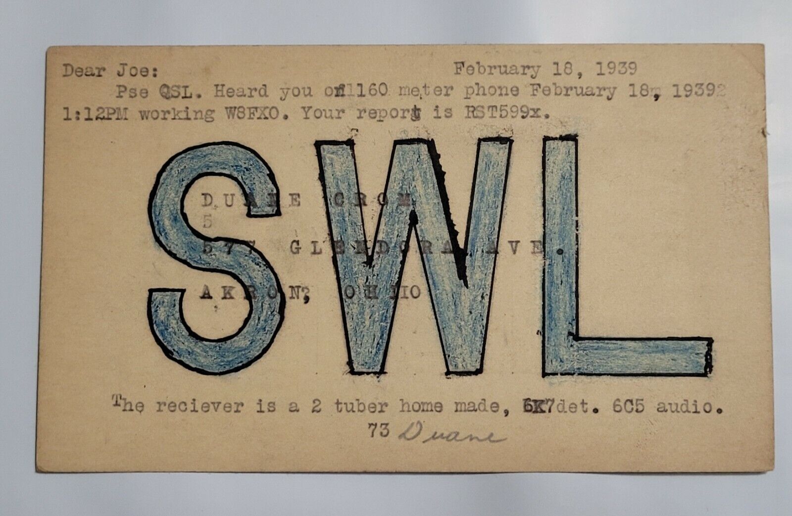 Vtg Ham Radio Cb Amateur Qsl Qso Card Postcard Swl Akron, Oh 1939