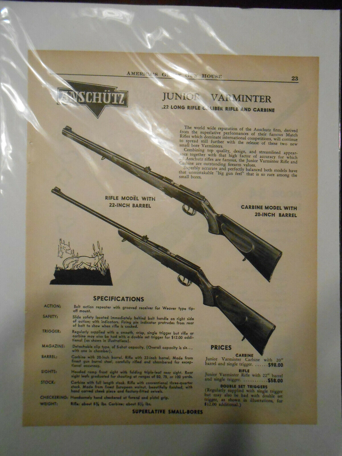 Anschutz 1958 Vintage 22 Rifle Add From American Great Gun House Nice Deal !!!!!
