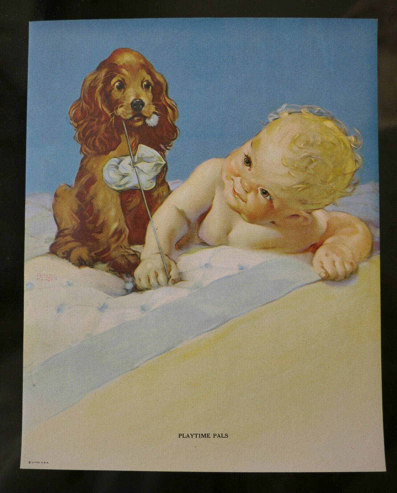 C. Becker, Brown & Bigelow Vintage Litho Print 9.5x7.5" Baby Dog Play W Bootie