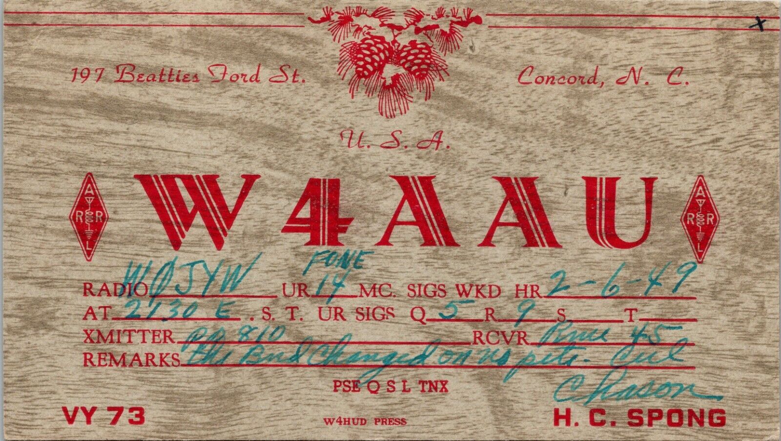 Vtg Ham Radio Cb Amateur Qsl Qso Card Postcard N Carolina W4aau Concord 1949