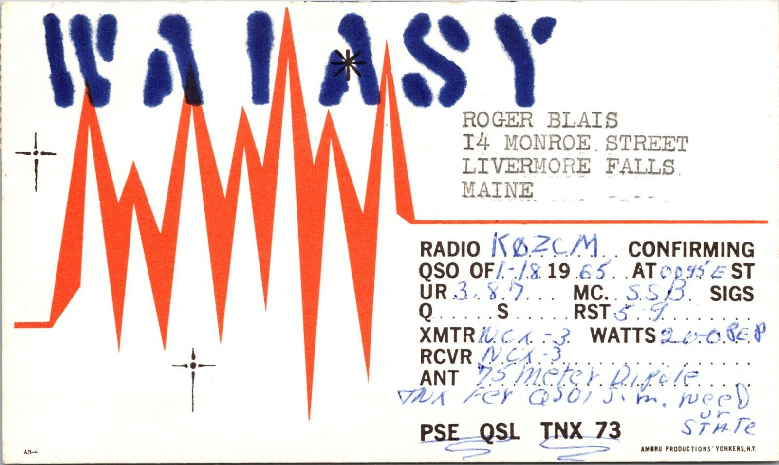 Vtg Ham Radio Cb Amateur Qsl Qso Card Postcard Maine Wa1asy Livermore 1965