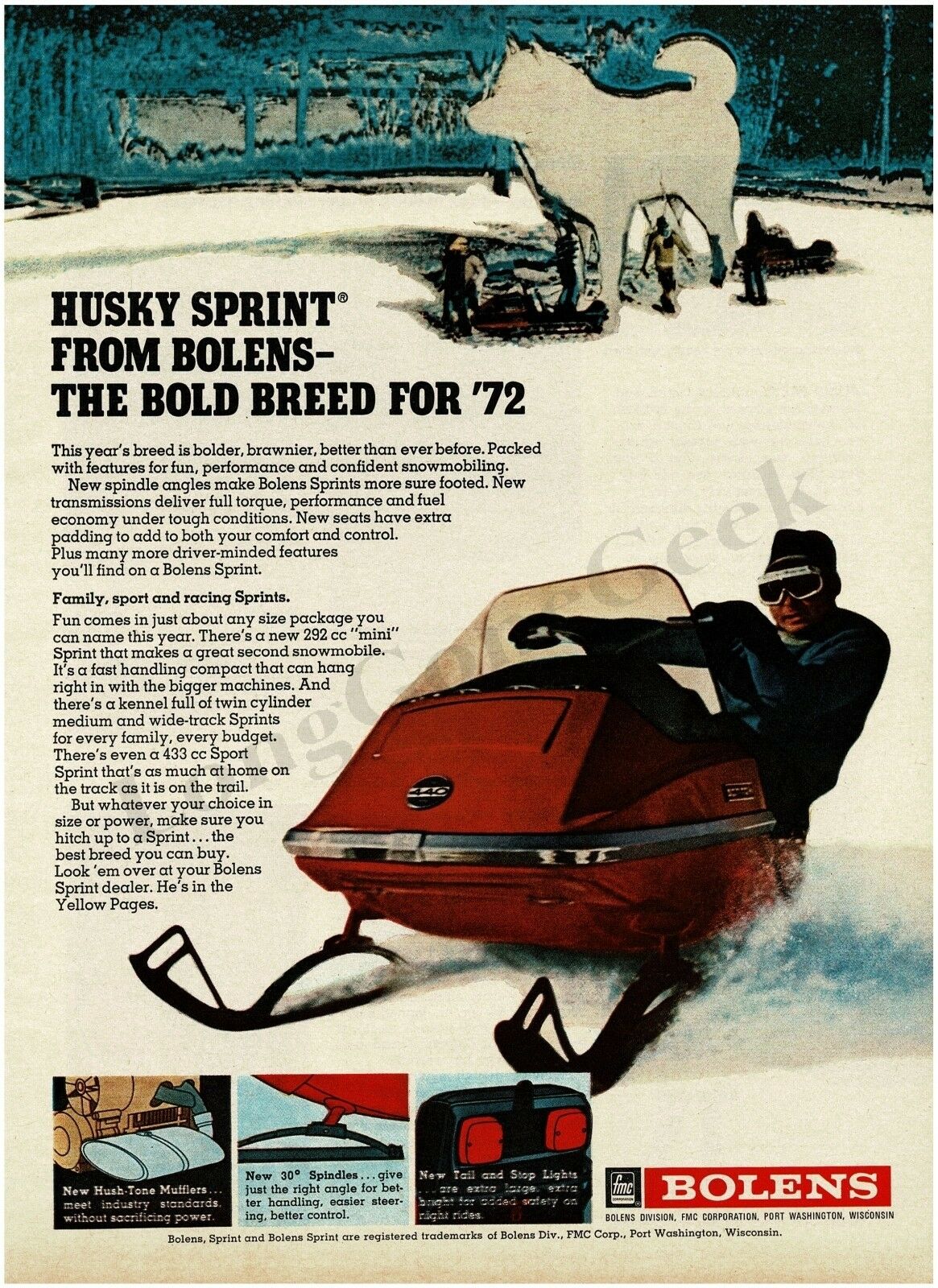 1972 Bolens Husky Sprint Red Snowmobile Vintage Ad