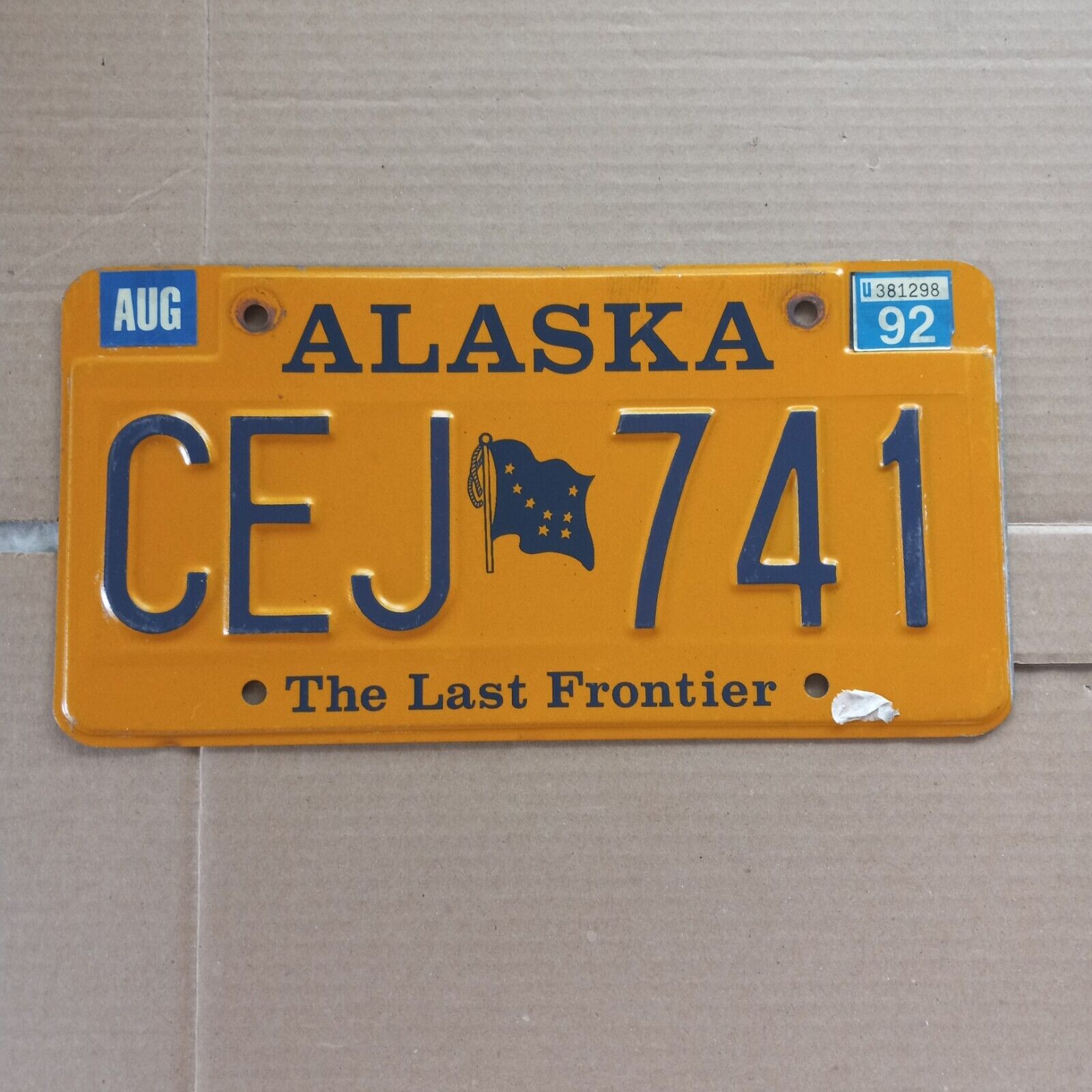1992 Alaska License Plate - "cej 741" (navy On Gold) Aug 92 Stickers