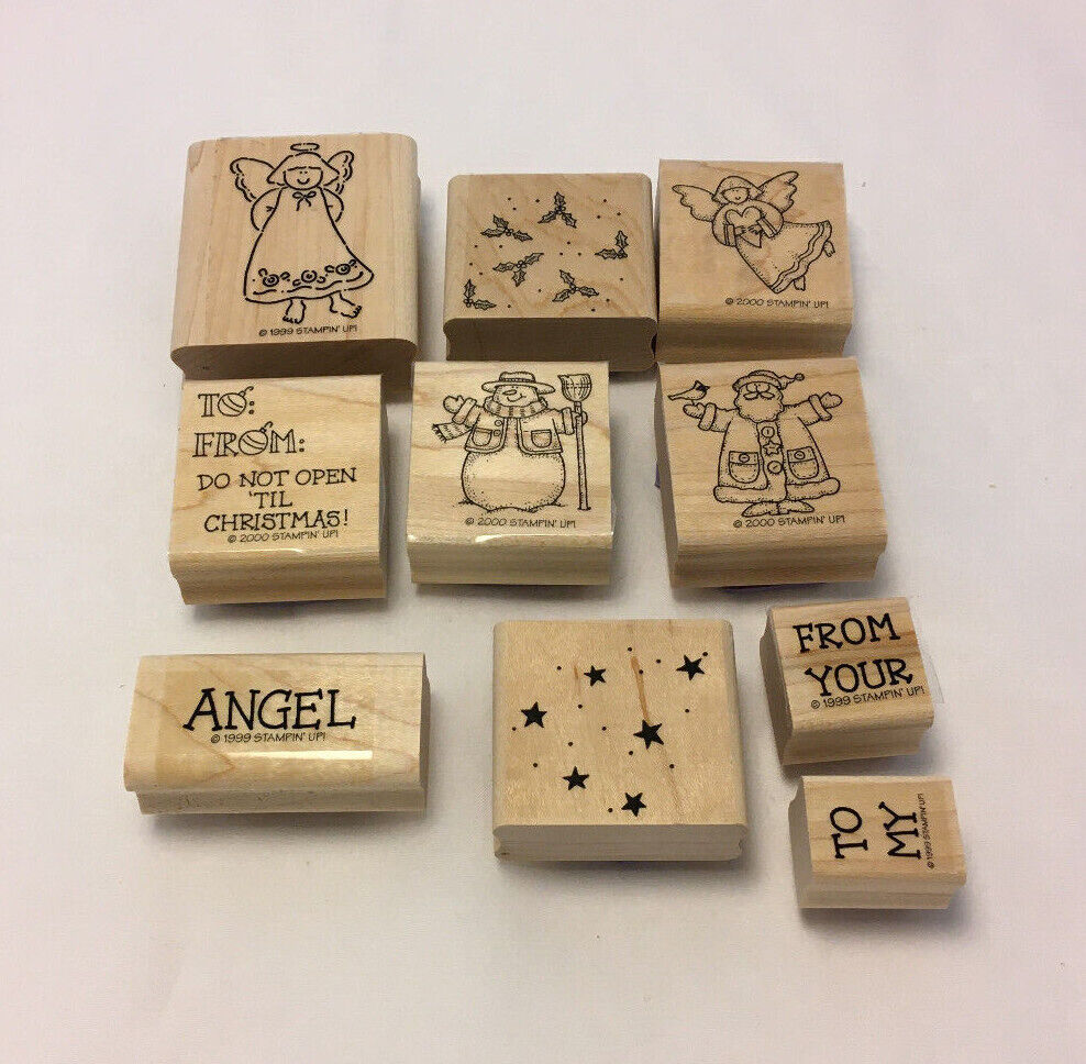 Lot Of 10 Wooden Stamps - Christmas, Holidays, Santa, Angel, Snowman, Winter