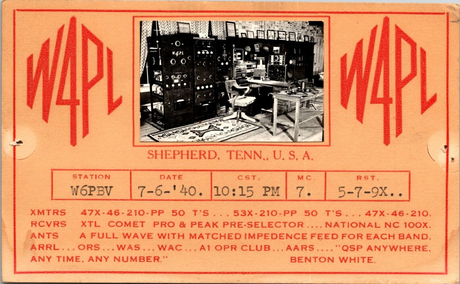 Vtg Ham Radio Cb Amateur Qsl Qso Card Postcard Shepherd Tennessee W4pl 1940