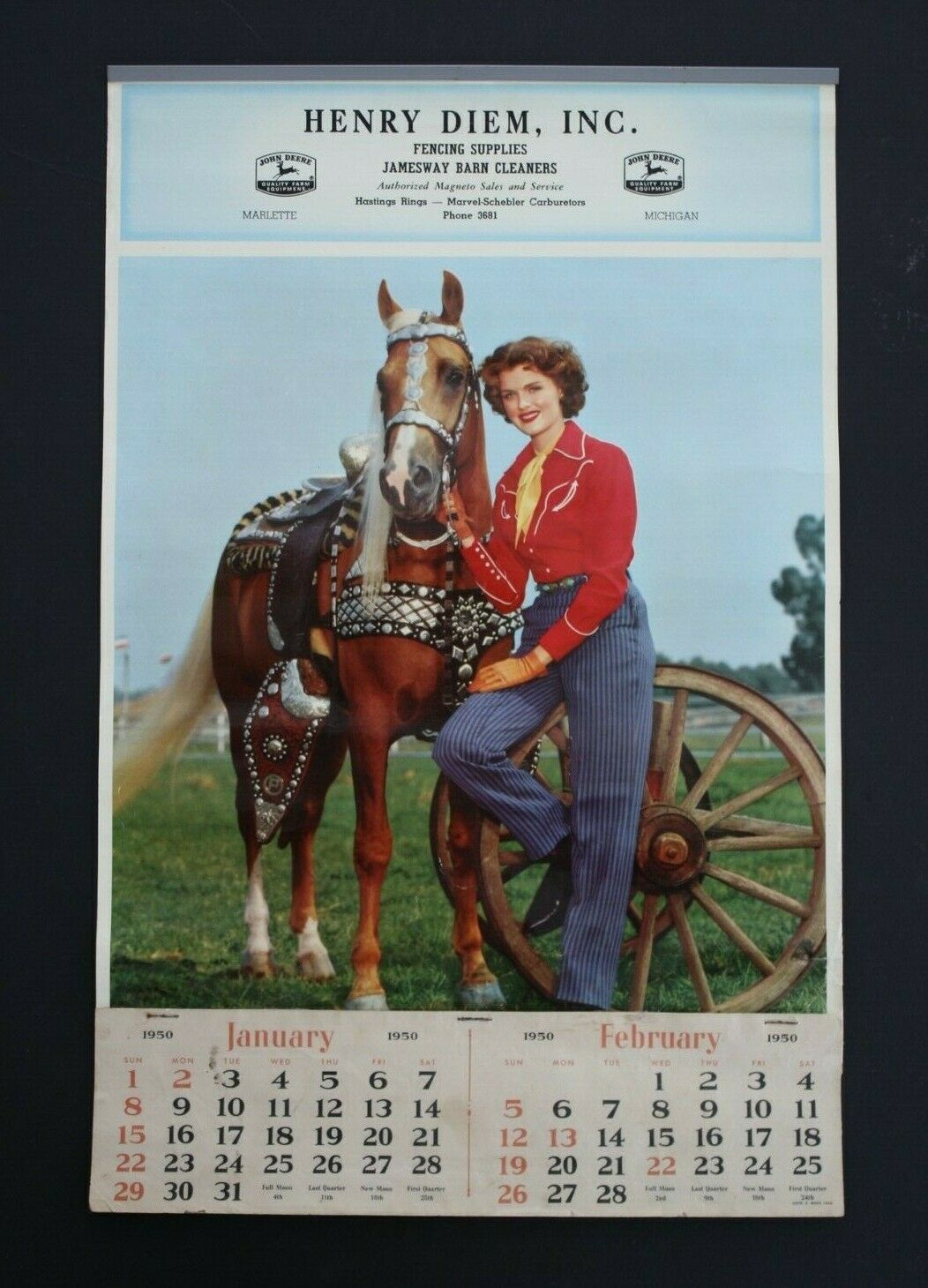 Original 1950 Pinup Advertising Calendar - Marlette, Mich. John Deere Dealer