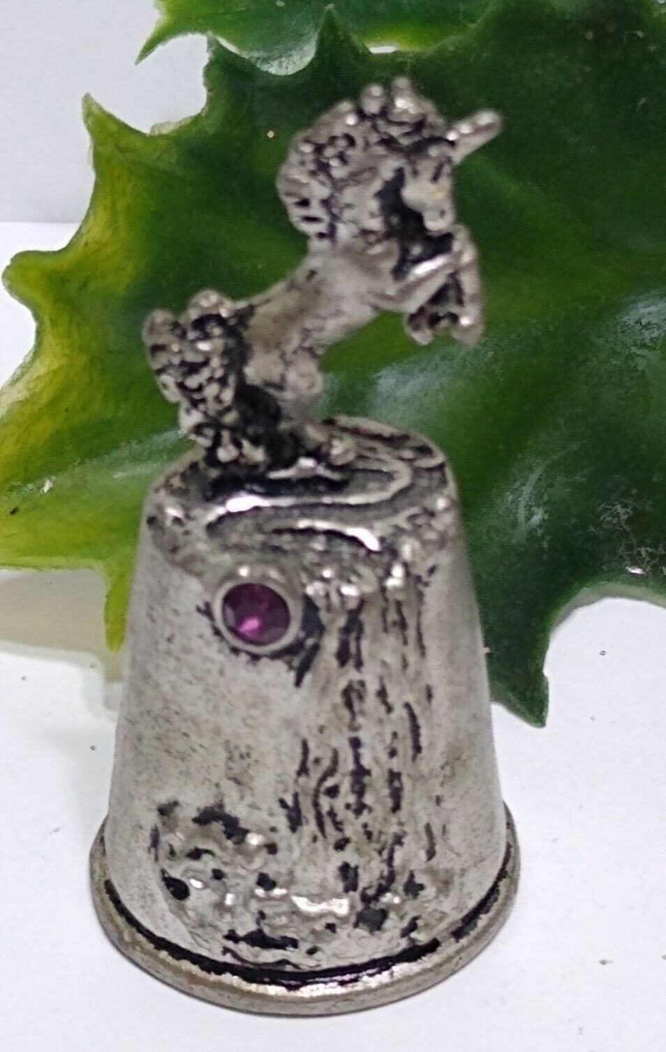 Vintage Unicorn Thimble Pewter Faux ? Amethyst Purple Stone Marked Cc 0730