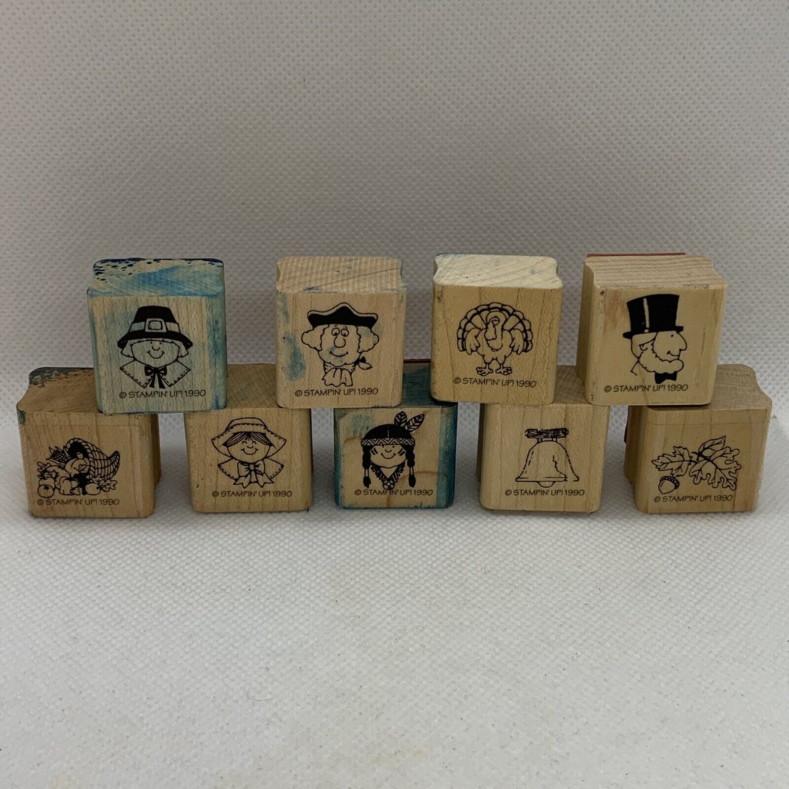 Vintage Stampin Up 9 Wooden Rubber Stamps 1990 Indian Pilgrims Fall Presidents