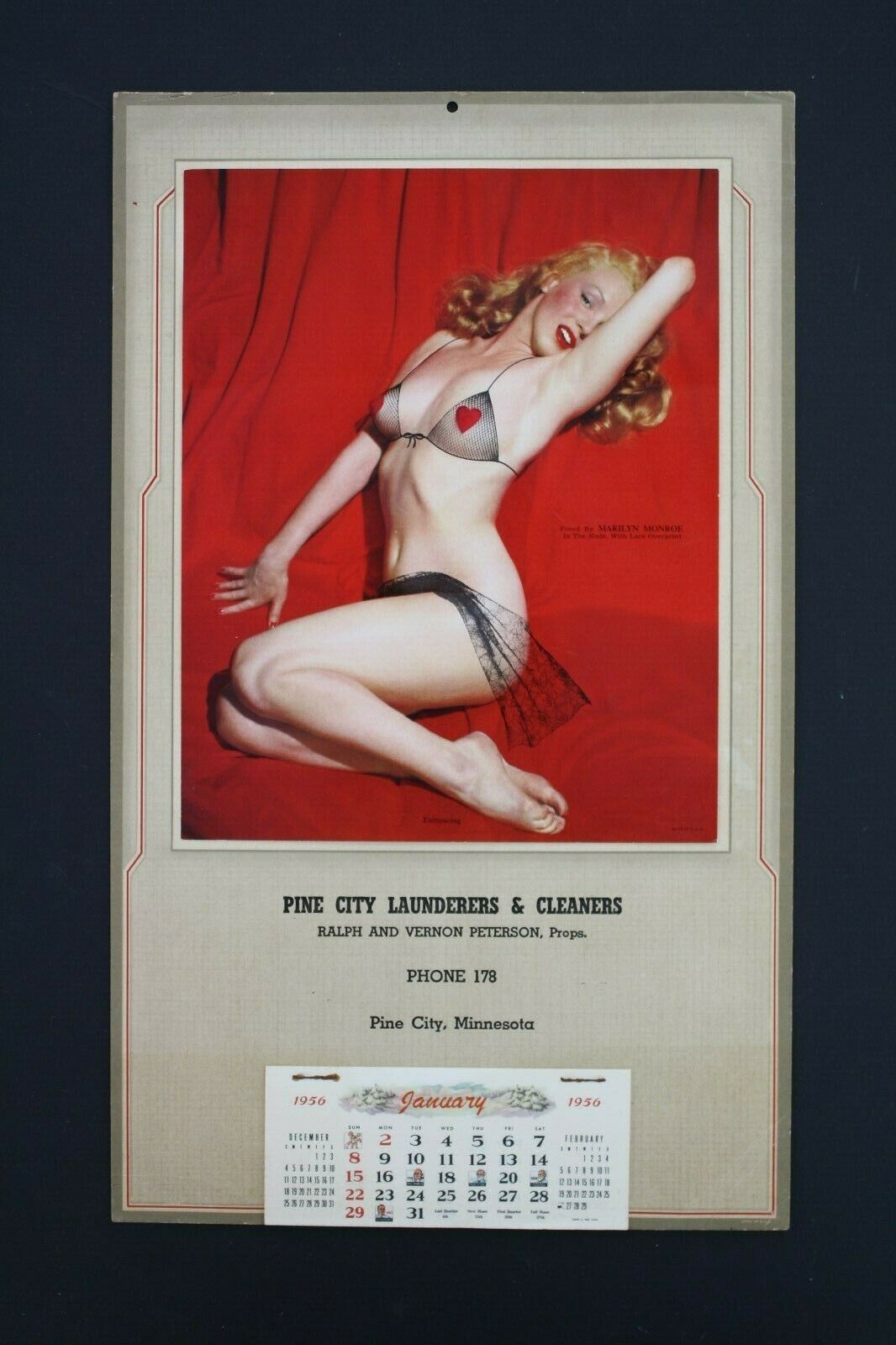 Original 1956 Marilyn Monroe Pinup Advertising Calendar - Pine City, Minn. Store