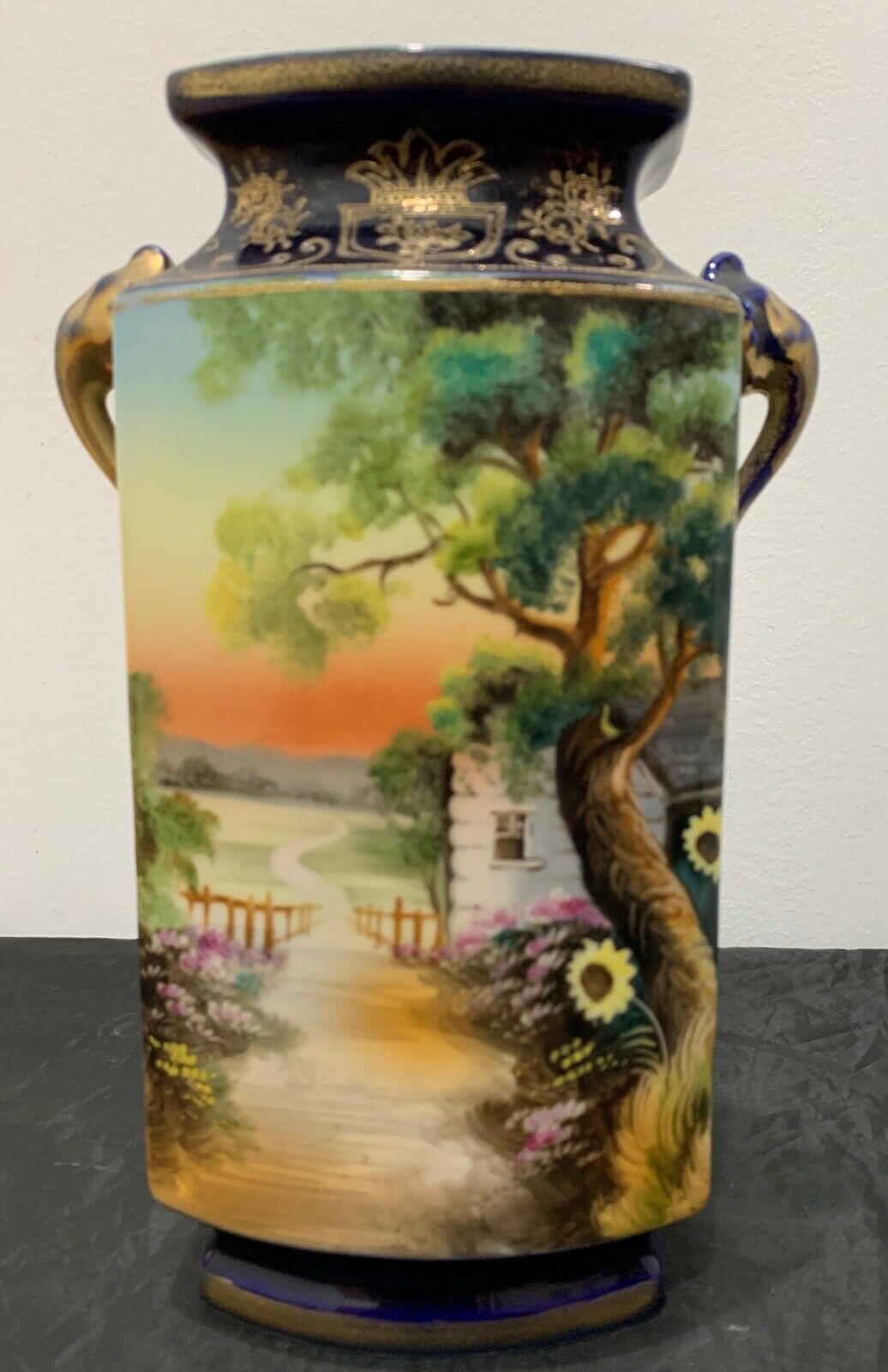 Nippon Morimura Hand Painted Scenic Two Handle Vase Cobalt Blue