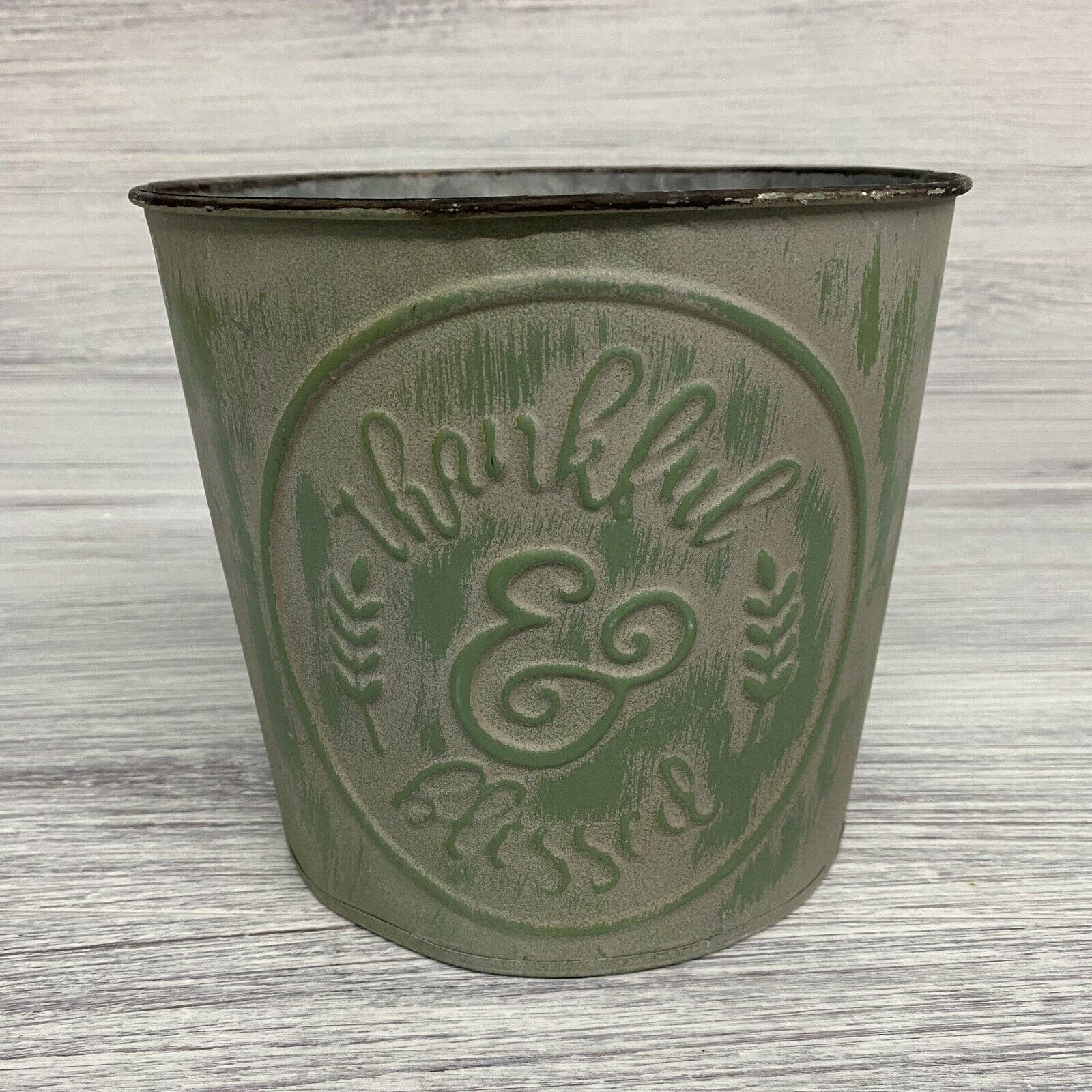 Thankful & Blessed Farmhouse Rustic Metal Bucket  Home Decor Green