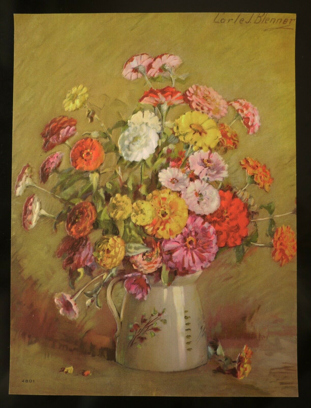 C Blenner, Brown & Bigelow Vintage Litho Print 10x7.5" Zinnia Bouquet In Pitcher
