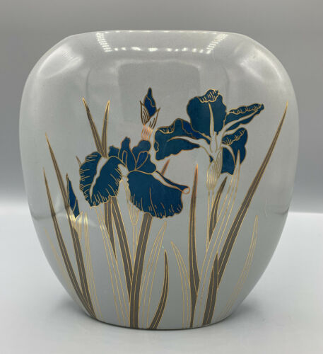 Otagiri Japanese Grey Oval Vase - Gold Edged Design Royal Iris 7” X 7”