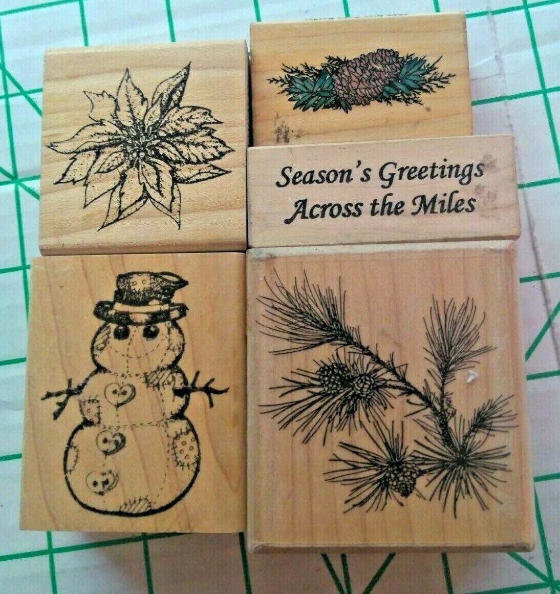 5 Pc Lot Wood Mounted Rubber Stamps-season's Greetings,pine Cone,snowman,poinset