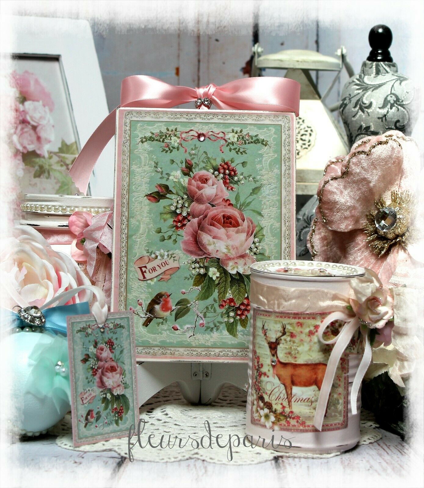 Shabby Chic Vintage Decorative Painted Decoupage Tin Can/wall Sign Set "gift"