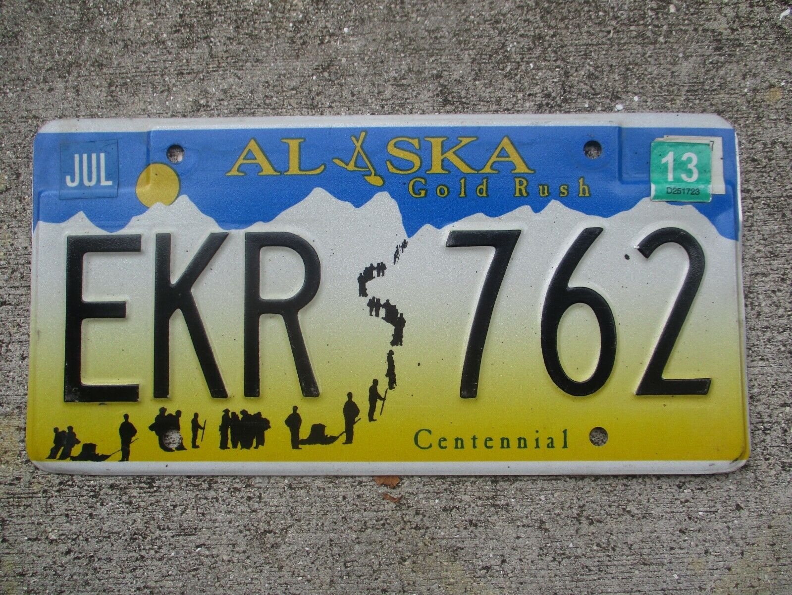 Alaska 2013 Gold Rush Centennial License Plate  #  Ekr  762