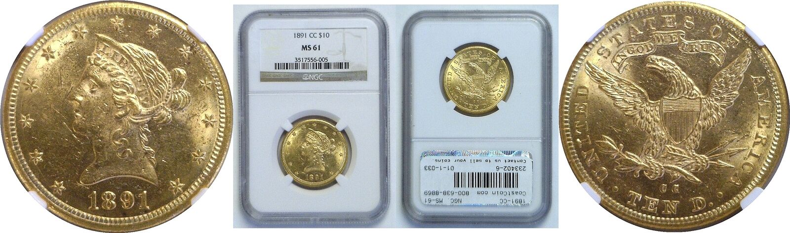 1891-cc $10 Gold Coin Ngc Ms-61