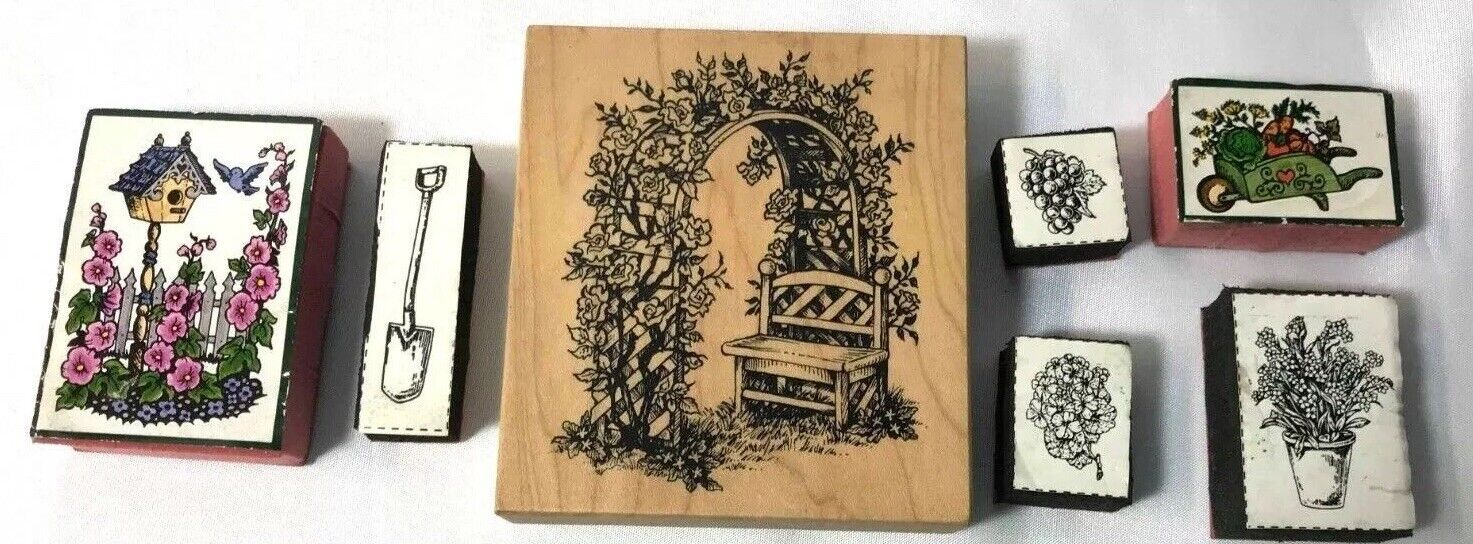 Rubber Stamps Lot Of 7 Gardening Stamps 1 Wood Mounted/6 Foam Mounted Spring