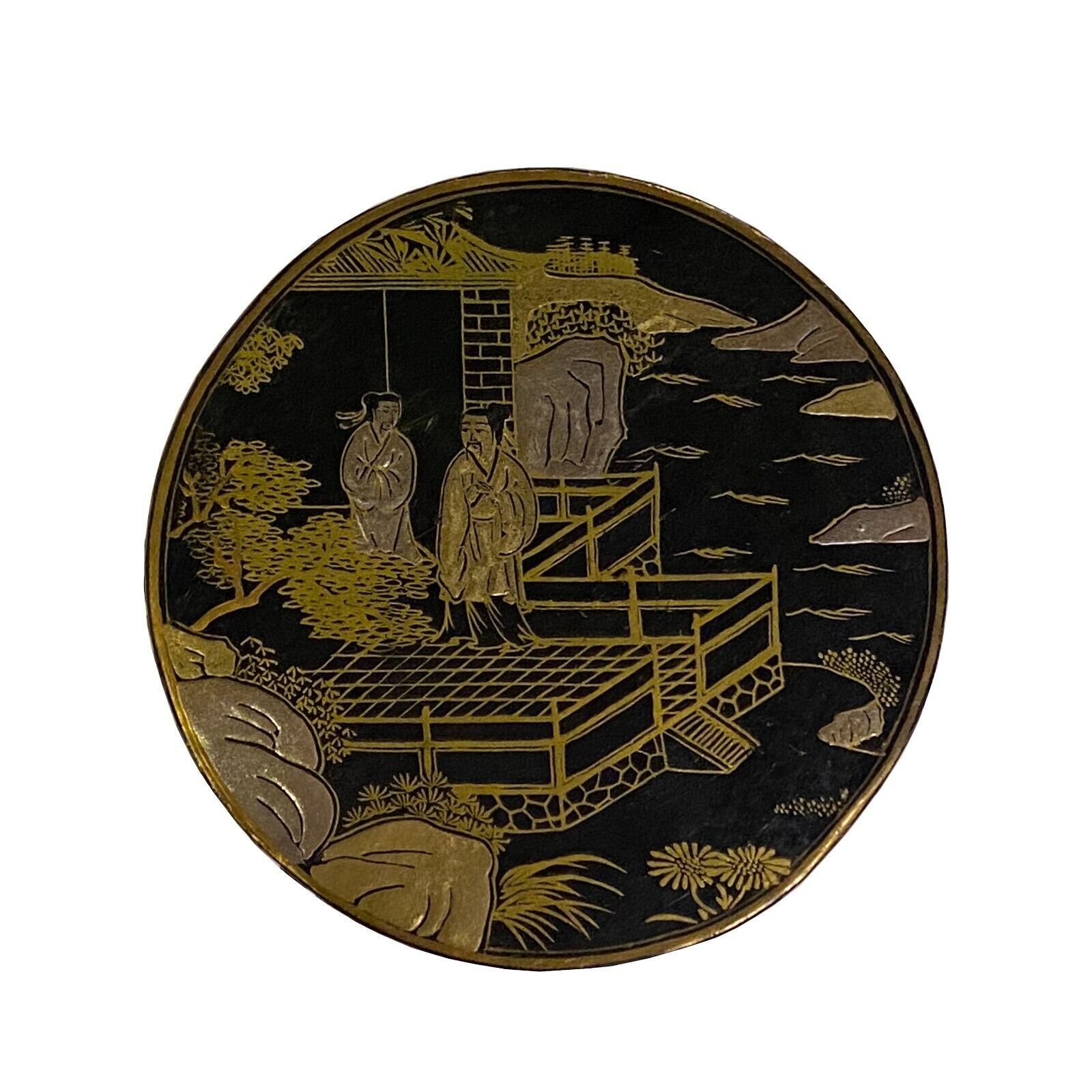 Chinese Black Lacquer Golden Graphic Round Display Box Ws2230