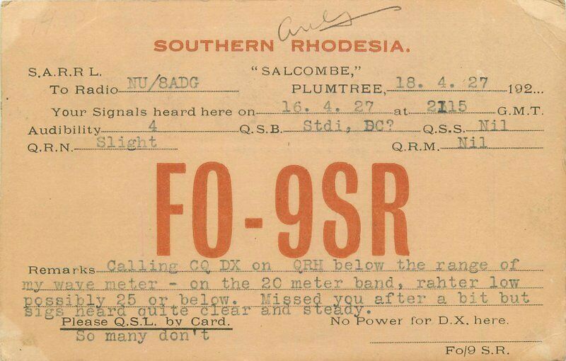 1927 Southern Rhodesia Africa Qsl Radio Undivided Postcard 21-8804