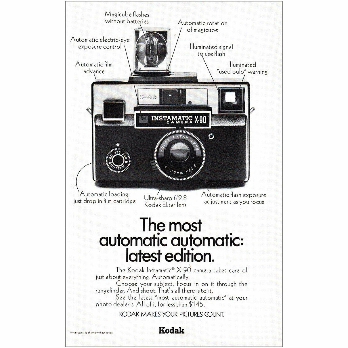 1972 Kodak Instamatic Camera: Most Automatic Automatic Vintage Print Ad