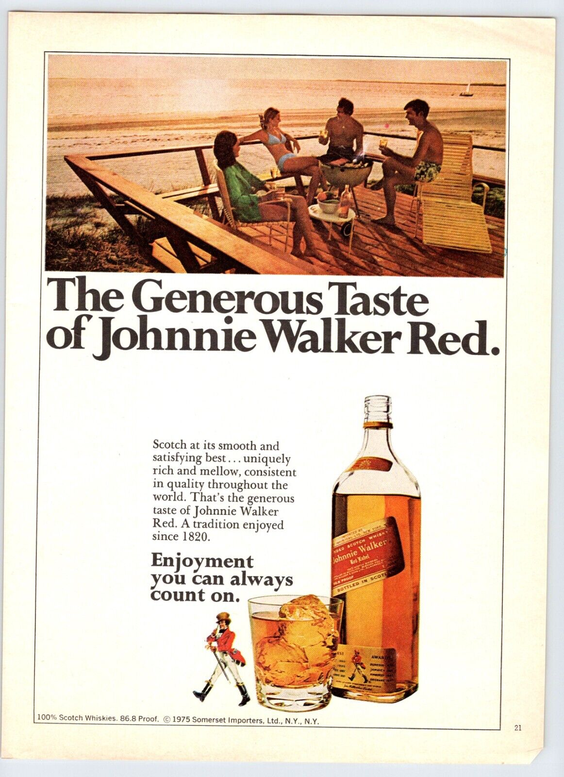 1975 Johnnie Walker Red Beach Scene Vintage 8" X 11" Magazine Ad 1970's M416