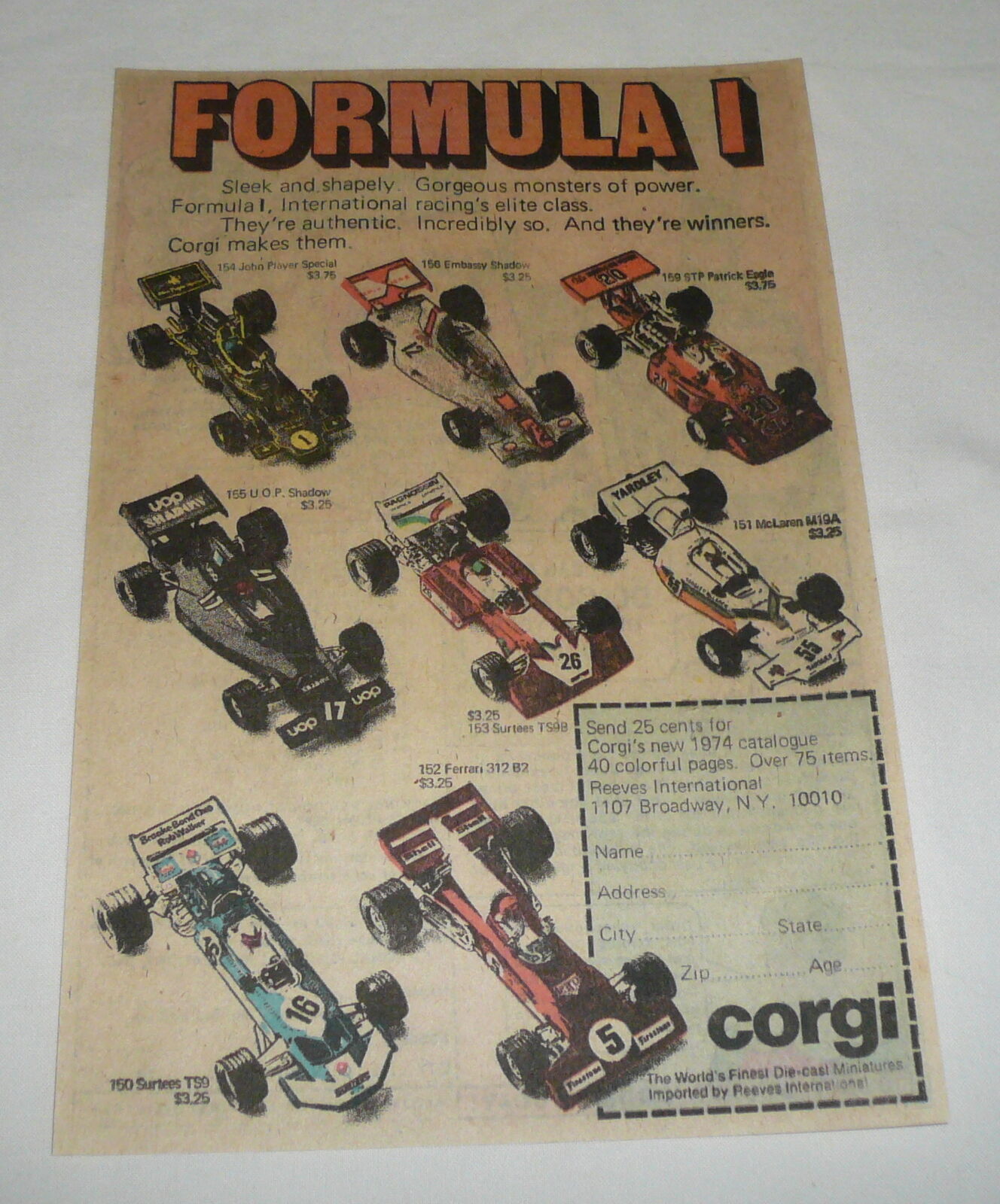 1974 Corgi Cars Ad Page ~ Formula I ~ John Player Special,embassy Shadow,more