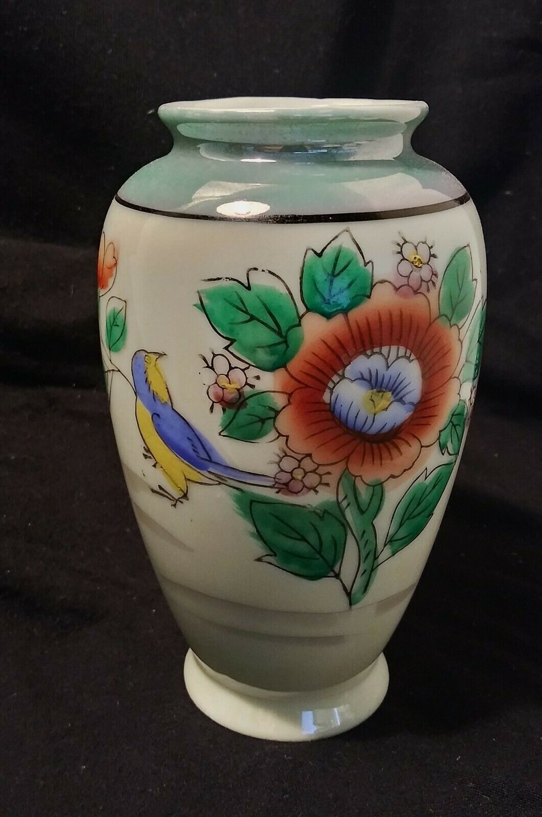 Vintage~noritake~ 5" Green Lusterware Vase~ Blue Bird W/red Flower~ Hand Painted
