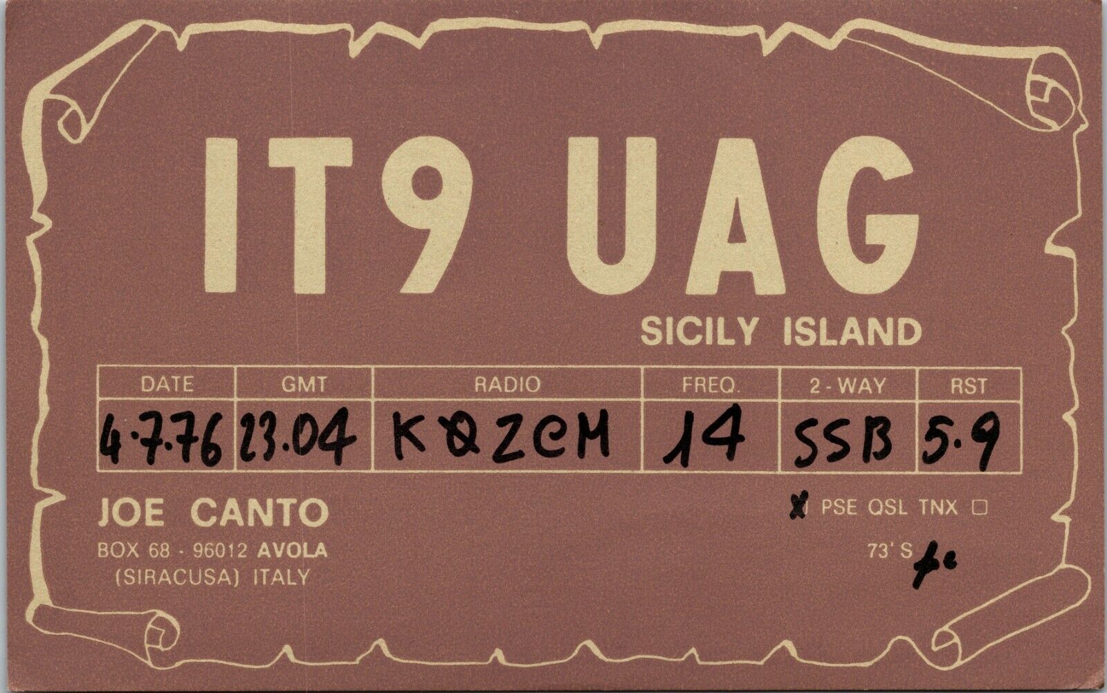 Vtg Ham Radio Cb Amateur Qsl Qso Card Postcard Italy It9uag Sicily Syracuse 4/76