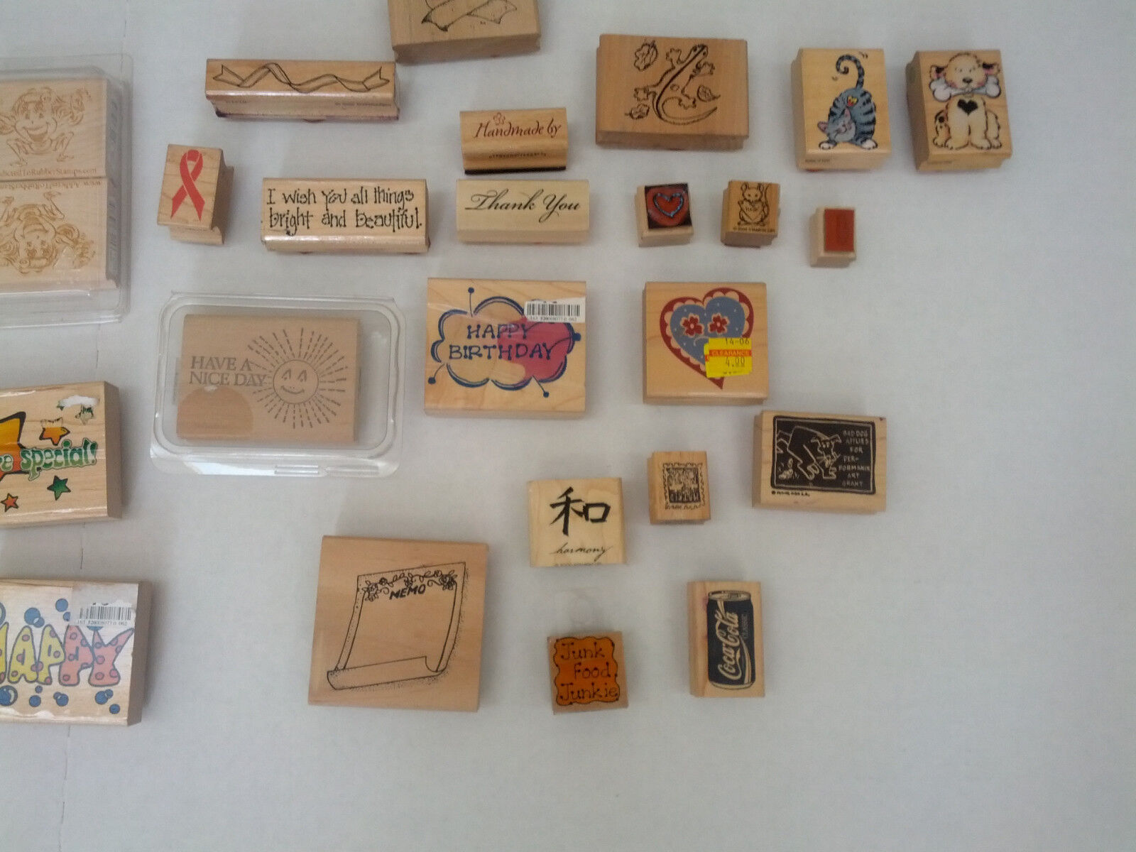 Mixed  Lot 24 Wood Mounted Rubber Stamps Cat Dog Ribbon Birthday Heart Mouse