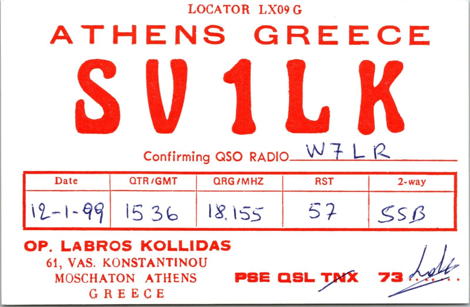Vtg Ham Radio Cb Amateur Qsl Qso Card Postcard Greece Athens Sv1lk 1999